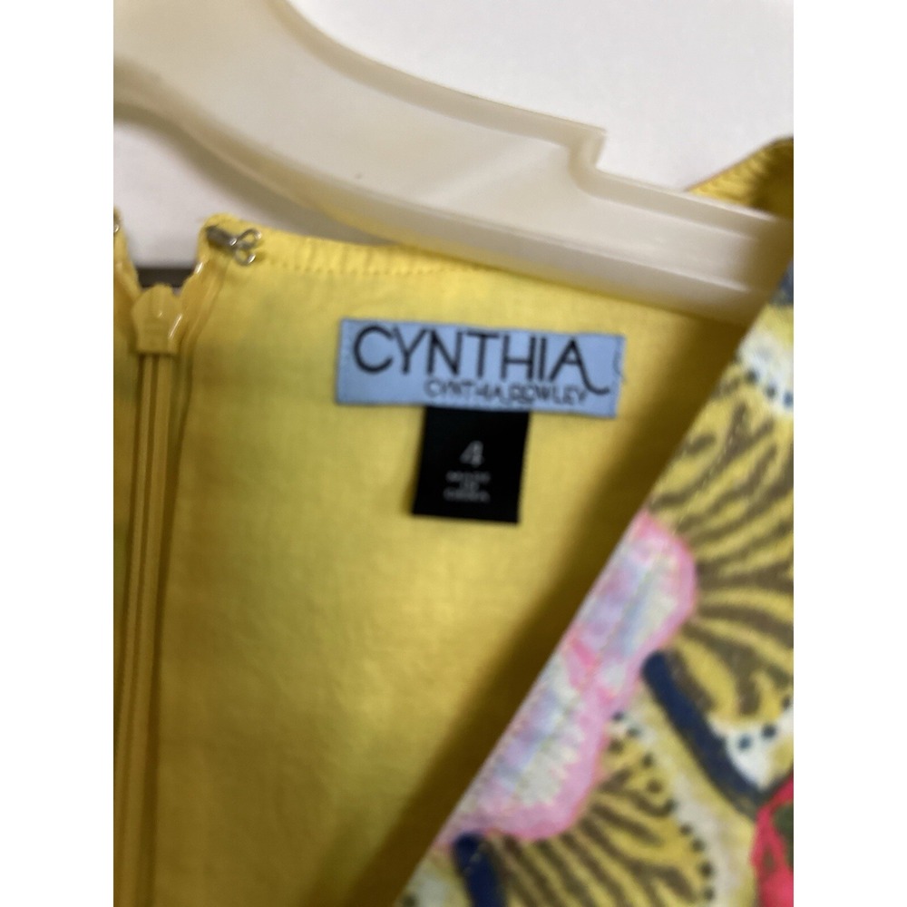 Cynthia Rowley Sleeveless Yellow Floral Dress V Neck Ban Waist Fit Flare SZ 4 - Picture 4 of 5